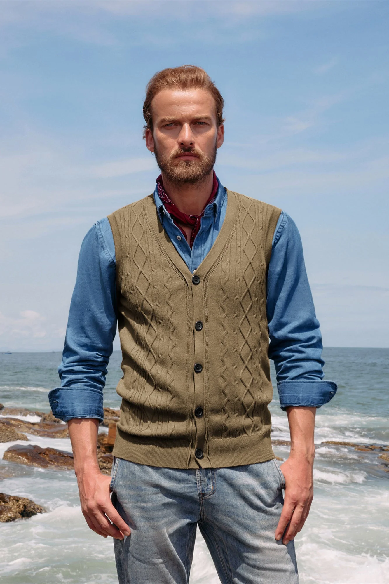 Mens V-Neck Sweater Vest Cable Knitted Button-Up Sleeveless Cardigan Vest - Image 49