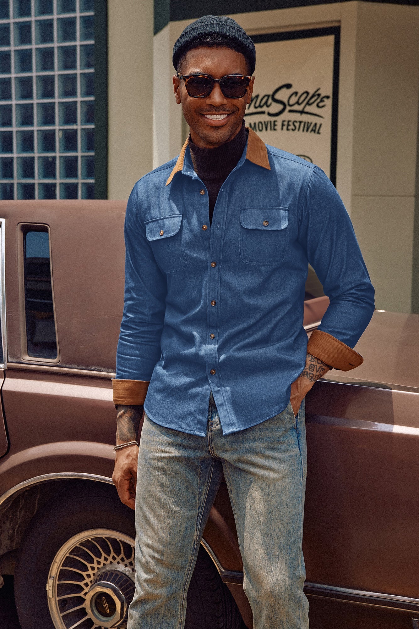 Men's Vintage Denim Shirt Long Sleeve Lapel Collar Jean Shirts Cotton Button Down Cardigans Shirt - Image 14