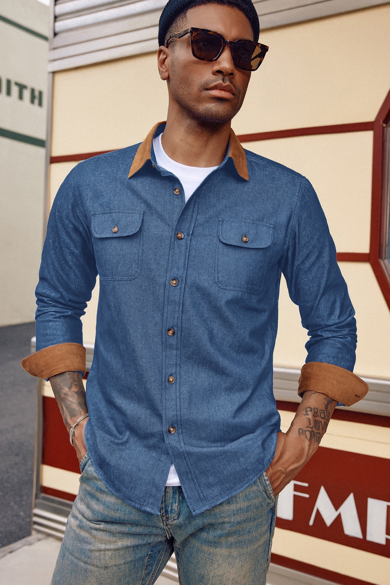 Men's Vintage Denim Shirt Long Sleeve Lapel Collar Jean Shirts Cotton Button Down Cardigans Shirt - Image 16