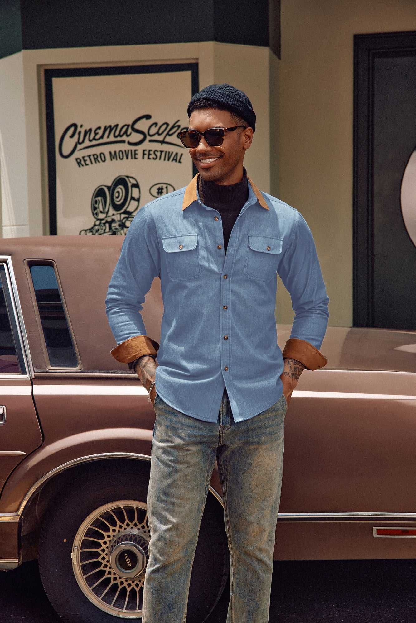 Men's Vintage Denim Shirt Long Sleeve Lapel Collar Jean Shirts Cotton Button Down Cardigans Shirt - Image 5
