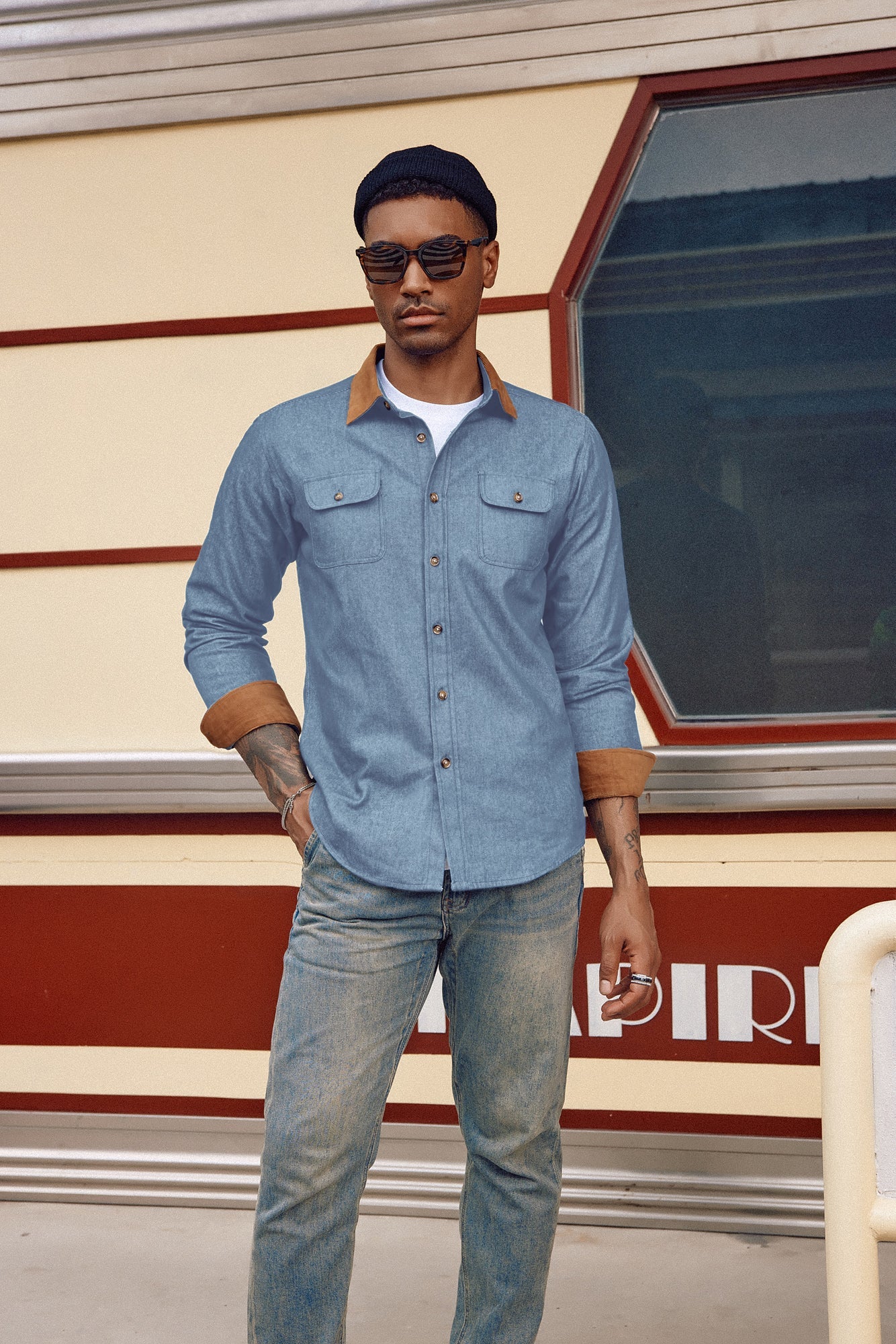 Men's Vintage Denim Shirt Long Sleeve Lapel Collar Jean Shirts Cotton Button Down Cardigans Shirt - Image 6