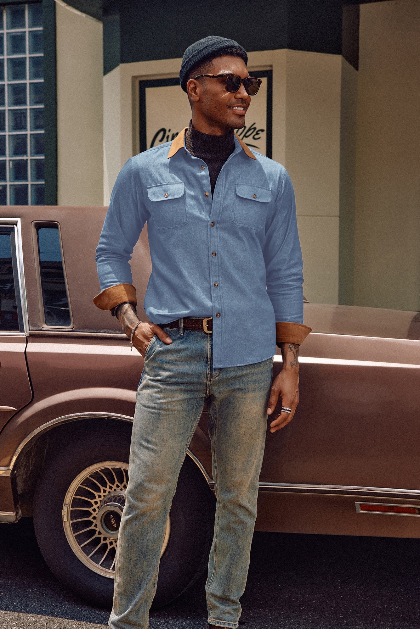 Men's Vintage Denim Shirt Long Sleeve Lapel Collar Jean Shirts Cotton Button Down Cardigans Shirt - Image 7