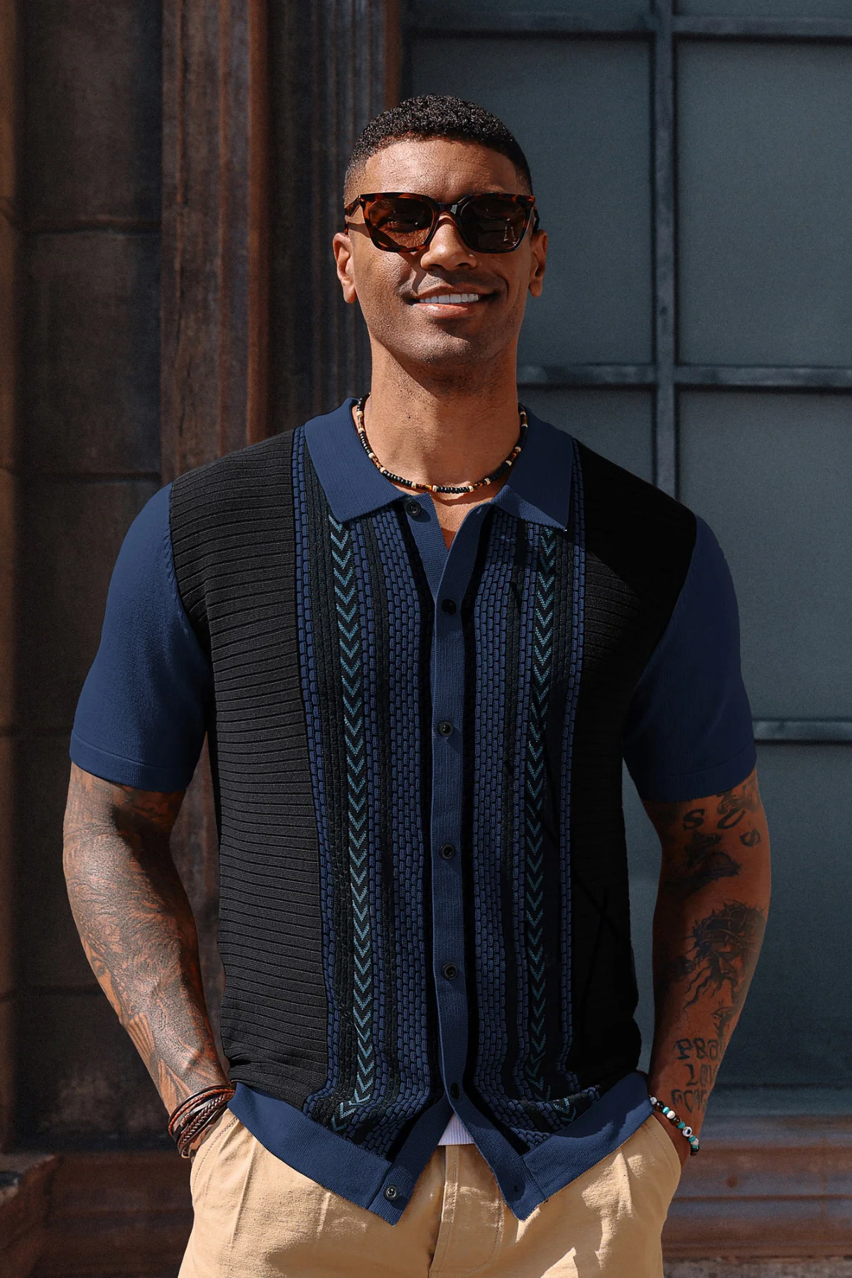 Mens Vintage Polo Shirts Contrast Stripe Retro Short Sleeve Knit Button Down Polo Cardigan Shirt - Image 15
