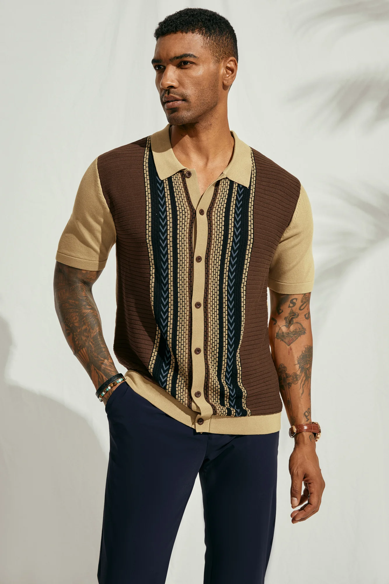 Mens Vintage Polo Shirts Contrast Stripe Retro Short Sleeve Knit Button Down Polo Cardigan Shirt - Image 6
