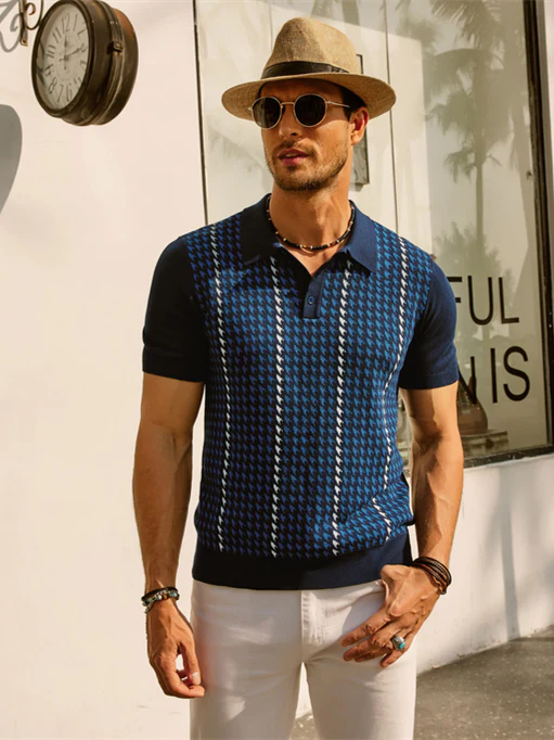 Men's Vintage Polo Pullover Shirts Lightweight Knit Houndstooth Golf Shirts - Image 10