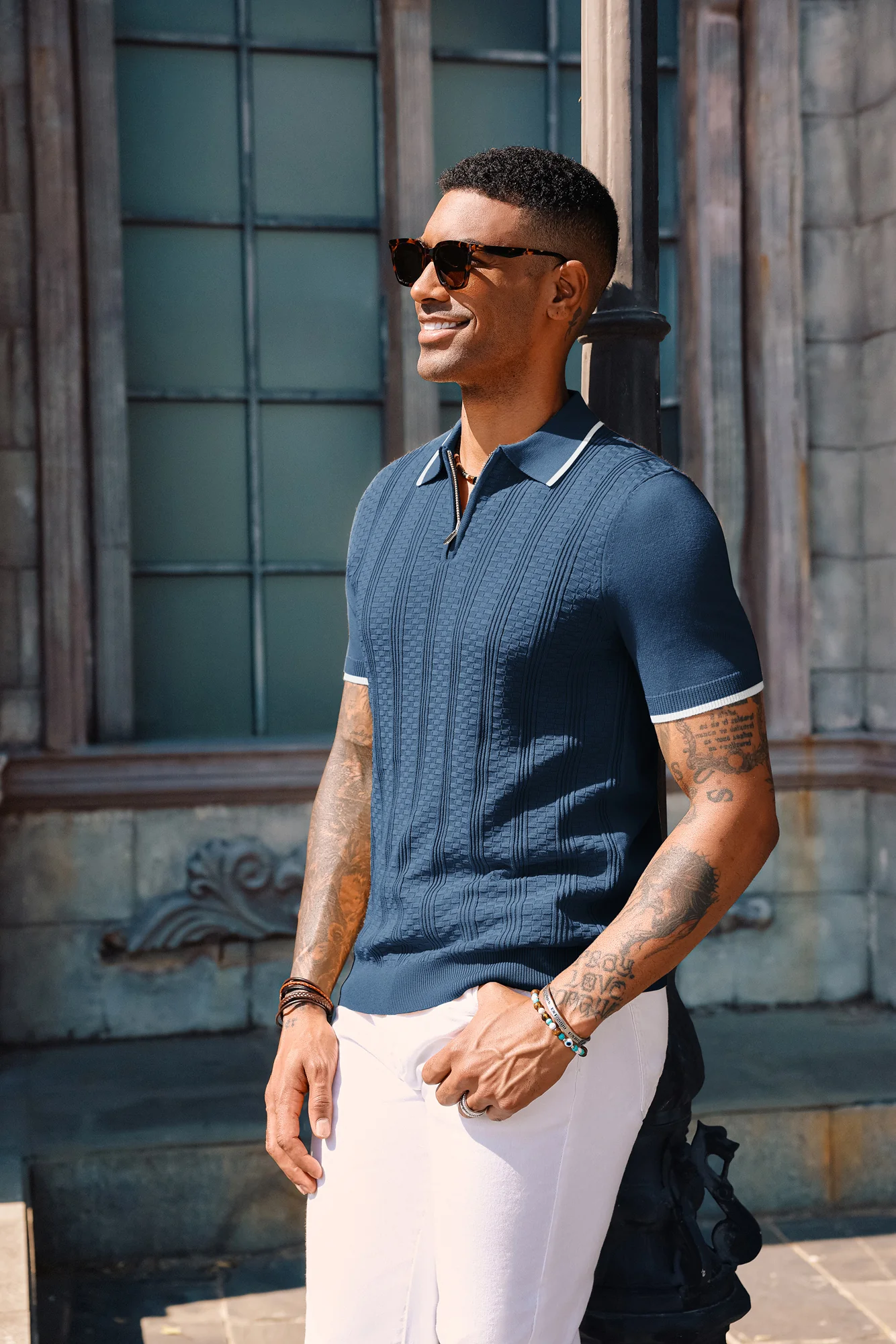 Mens Vintage Polo Shirts Texture Pattern Knit Golf Polo Shirts - Image 2