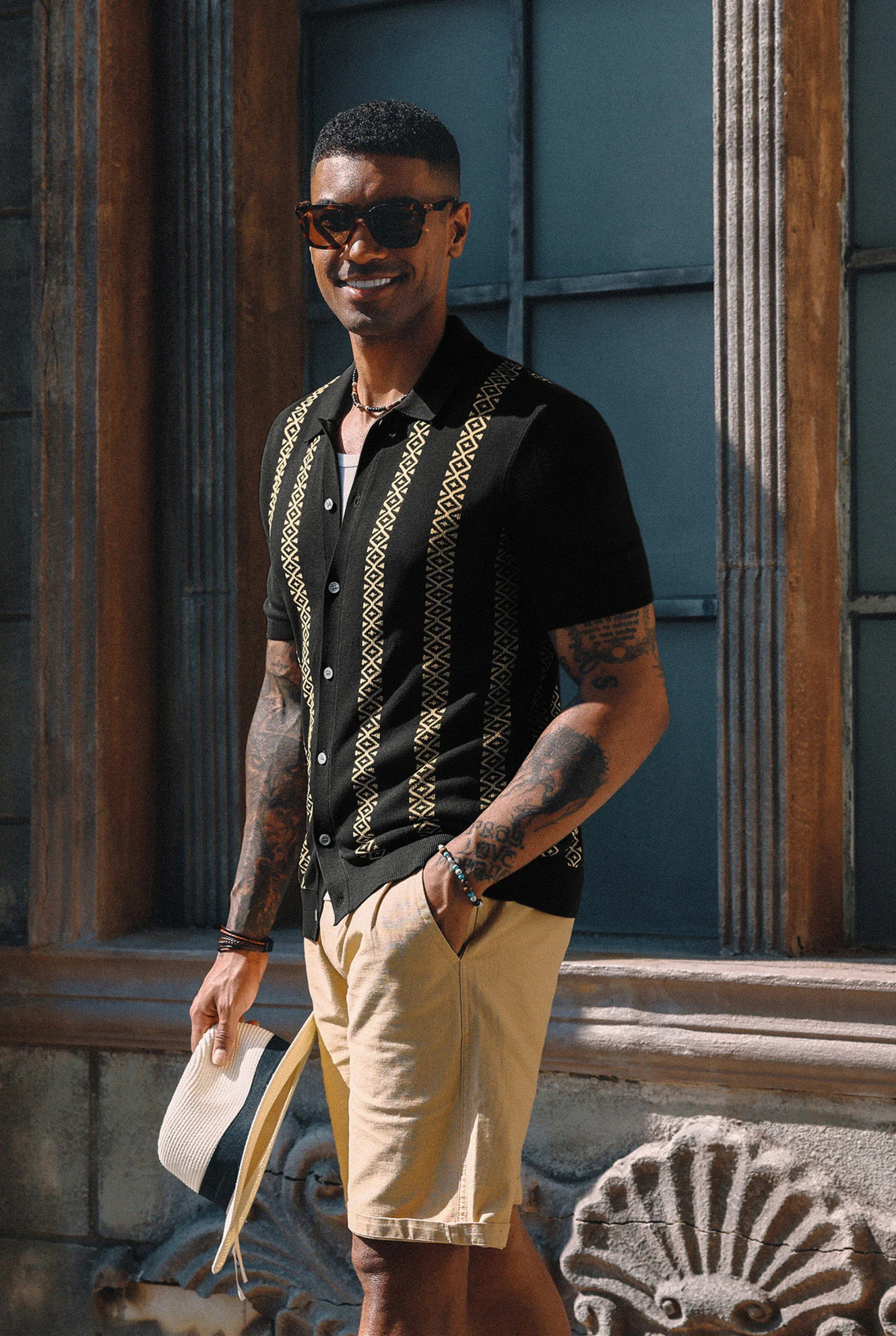 Men's Vintage Polo Short Shirt Geometric Patterns Stripe Knit Casual Shirts - Image 26
