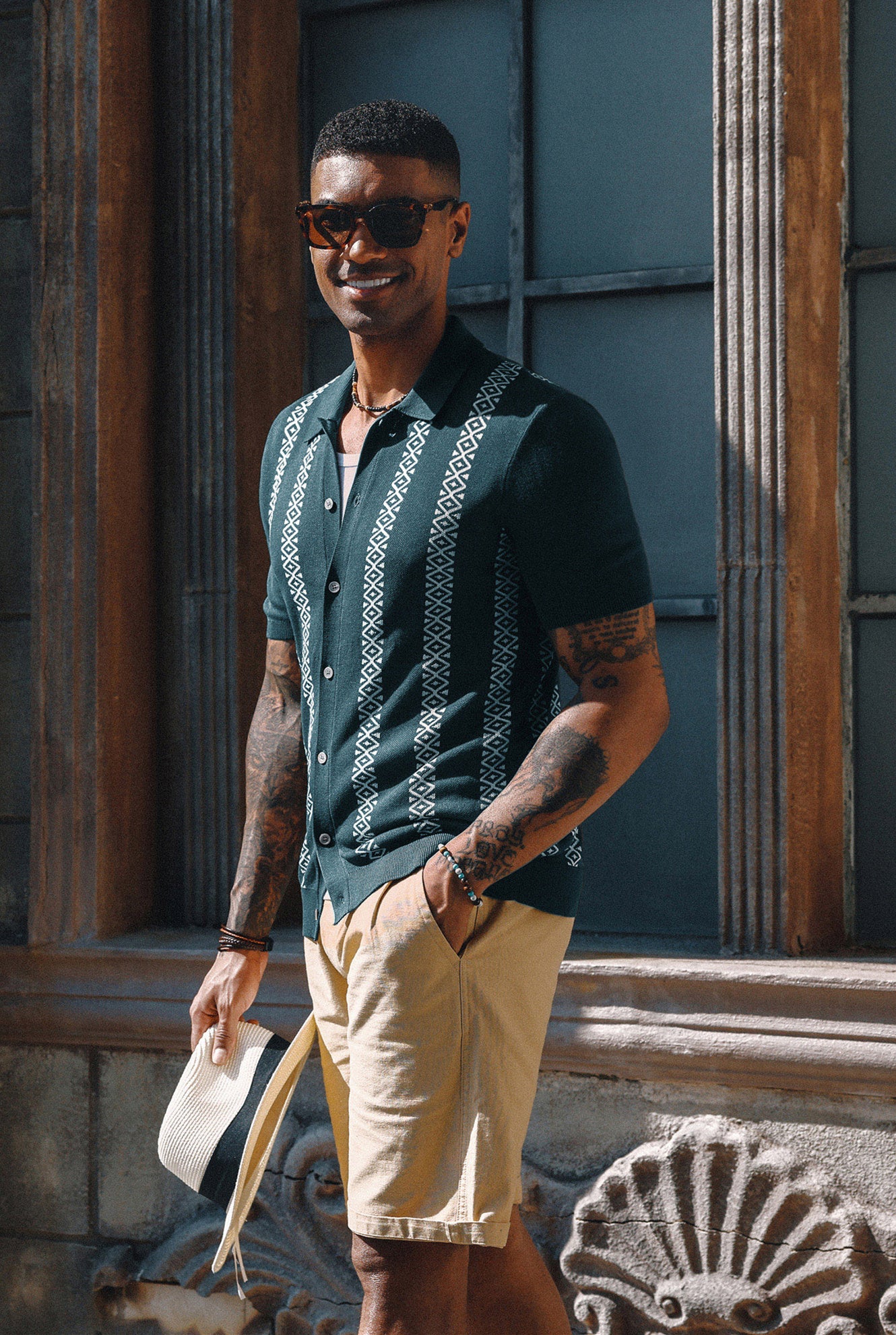 Men's Vintage Polo Short Shirt Geometric Patterns Stripe Knit Casual Shirts - Image 38
