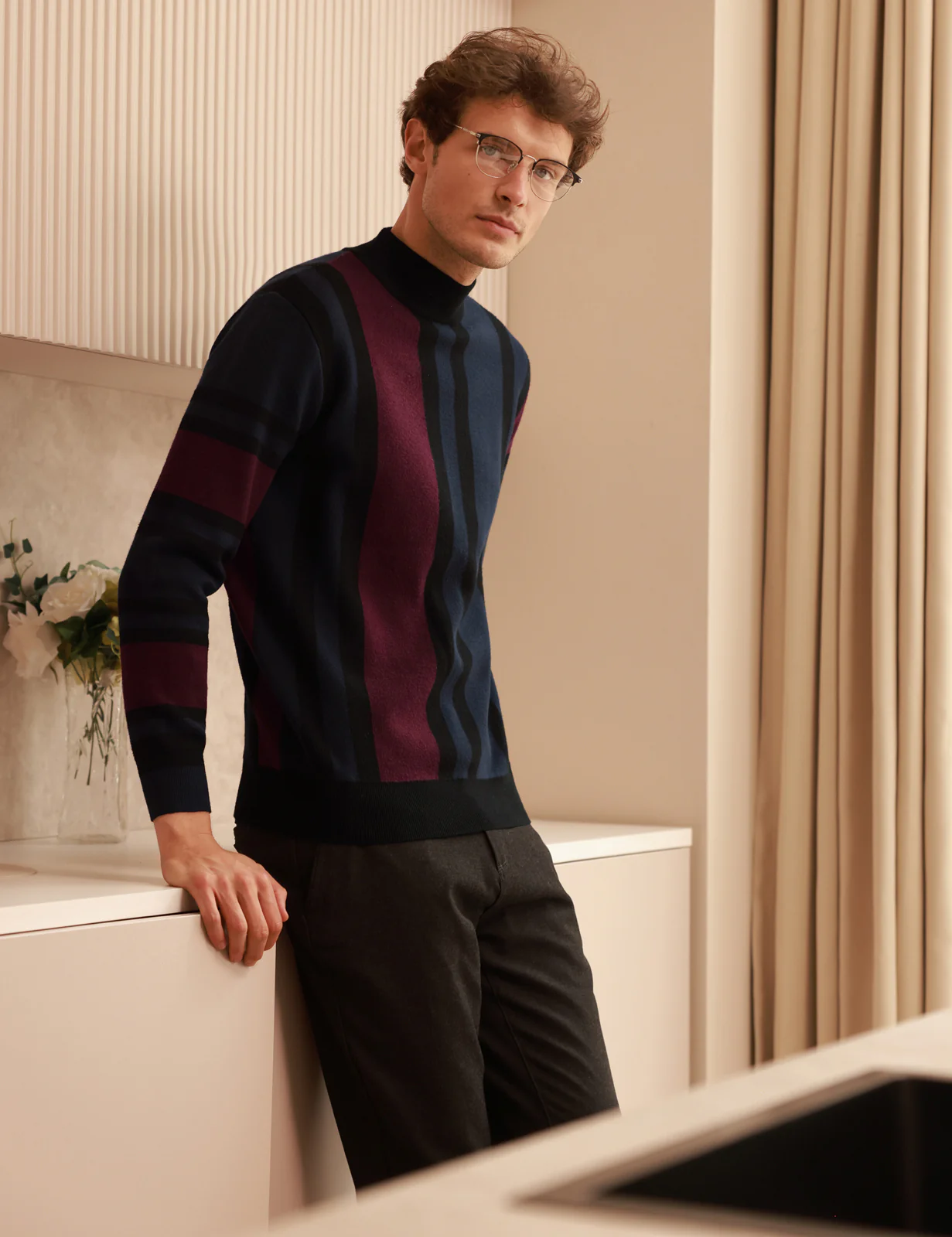 Mens Vintage Stripes Pullover Stand Collar Mockneck Jumper Sweater - Image 11