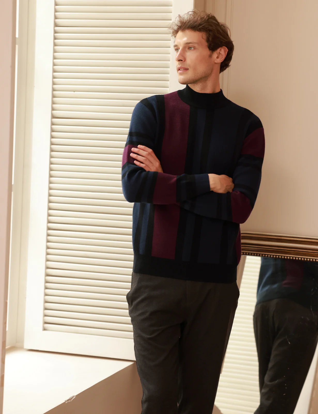 Mens Vintage Stripes Pullover Stand Collar Mockneck Jumper Sweater - Image 12