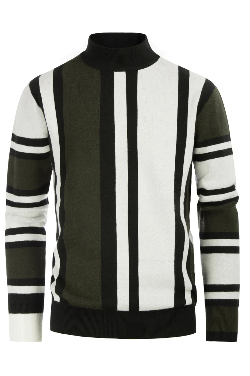 Mens Vintage Stripes Pullover Stand Collar Mockneck Jumper Sweater - Image 13