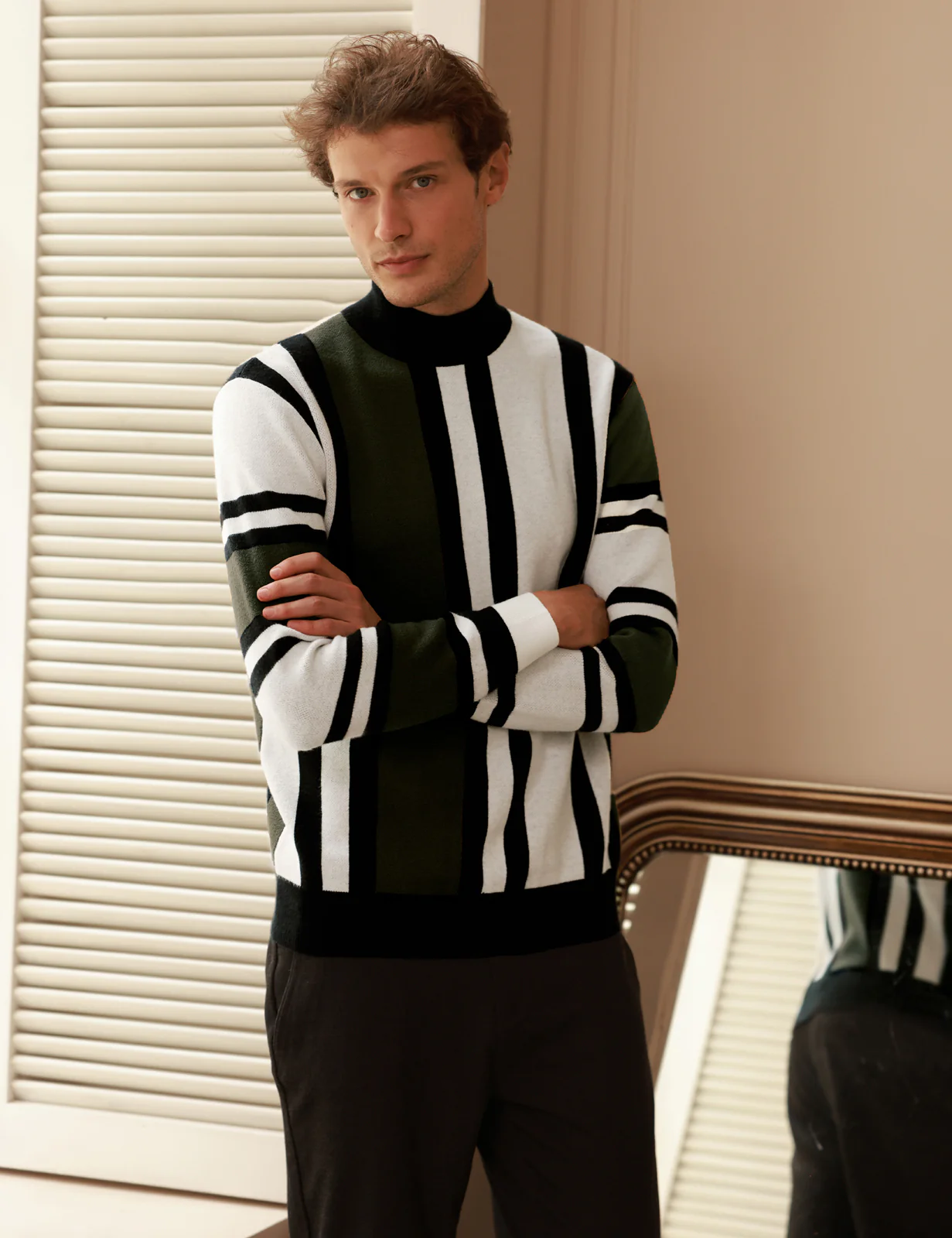 Mens Vintage Stripes Pullover Stand Collar Mockneck Jumper Sweater - Image 15