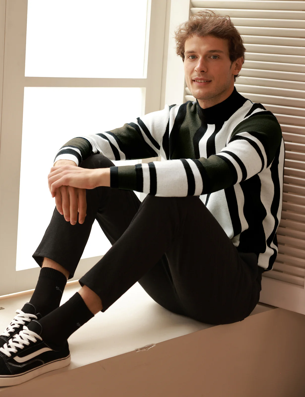 Mens Vintage Stripes Pullover Stand Collar Mockneck Jumper Sweater - Image 17