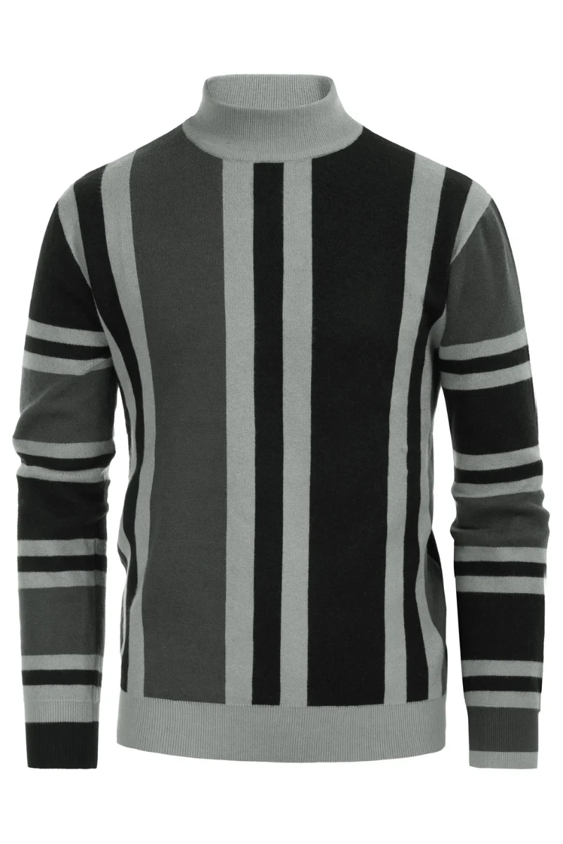 Mens Vintage Stripes Pullover Stand Collar Mockneck Jumper Sweater - Image 18