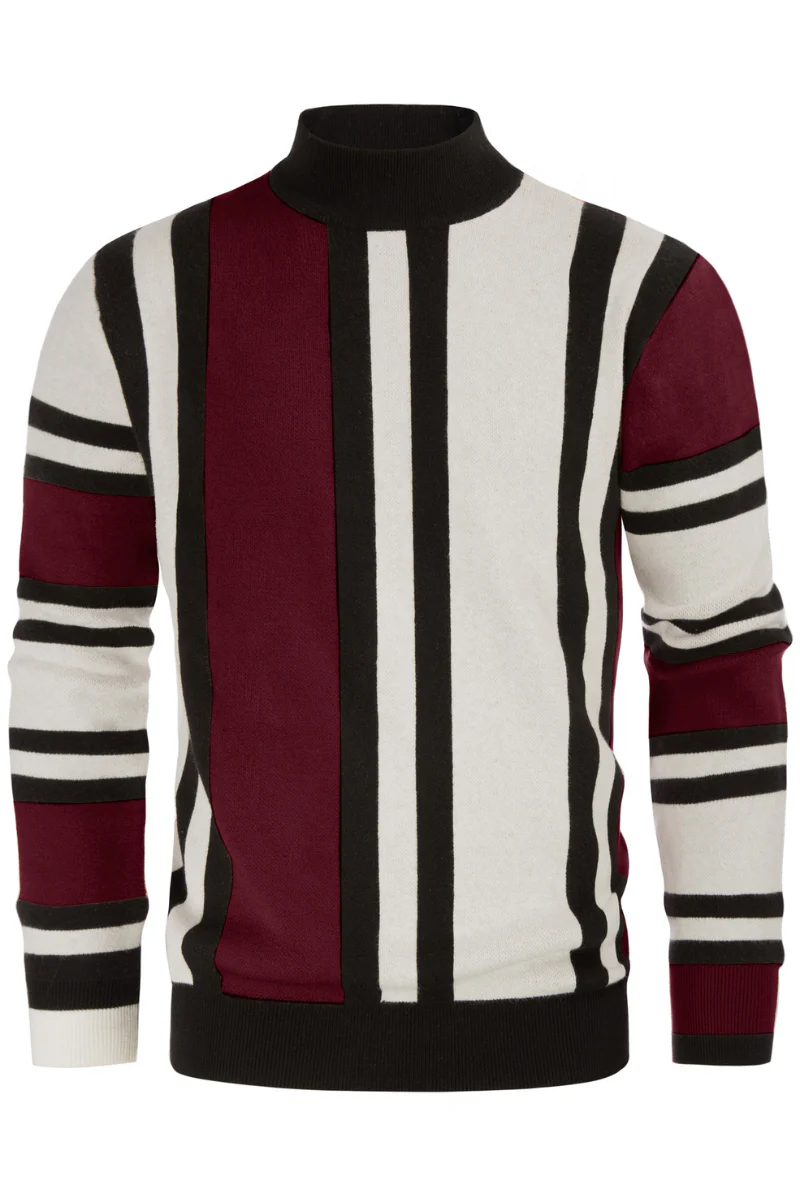 Mens Vintage Stripes Pullover Stand Collar Mockneck Jumper Sweater - Image 22