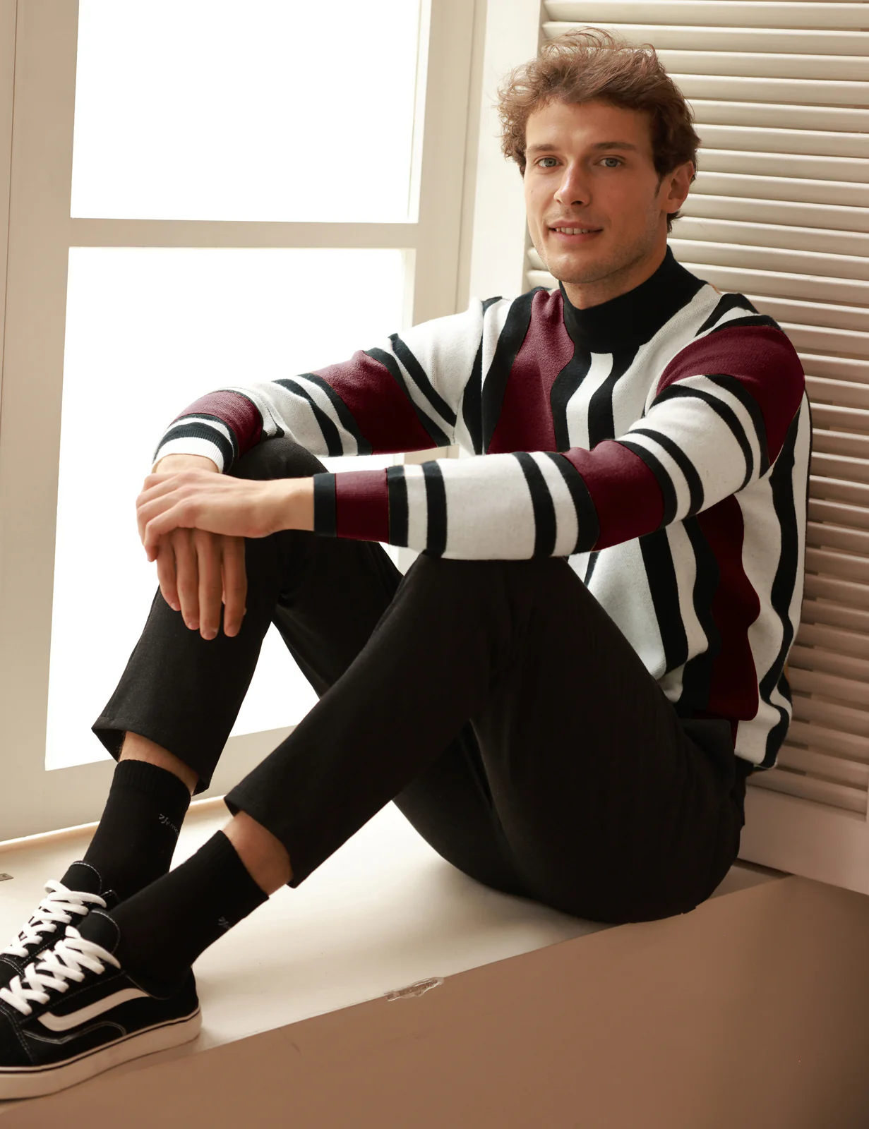 Mens Vintage Stripes Pullover Stand Collar Mockneck Jumper Sweater - Image 25