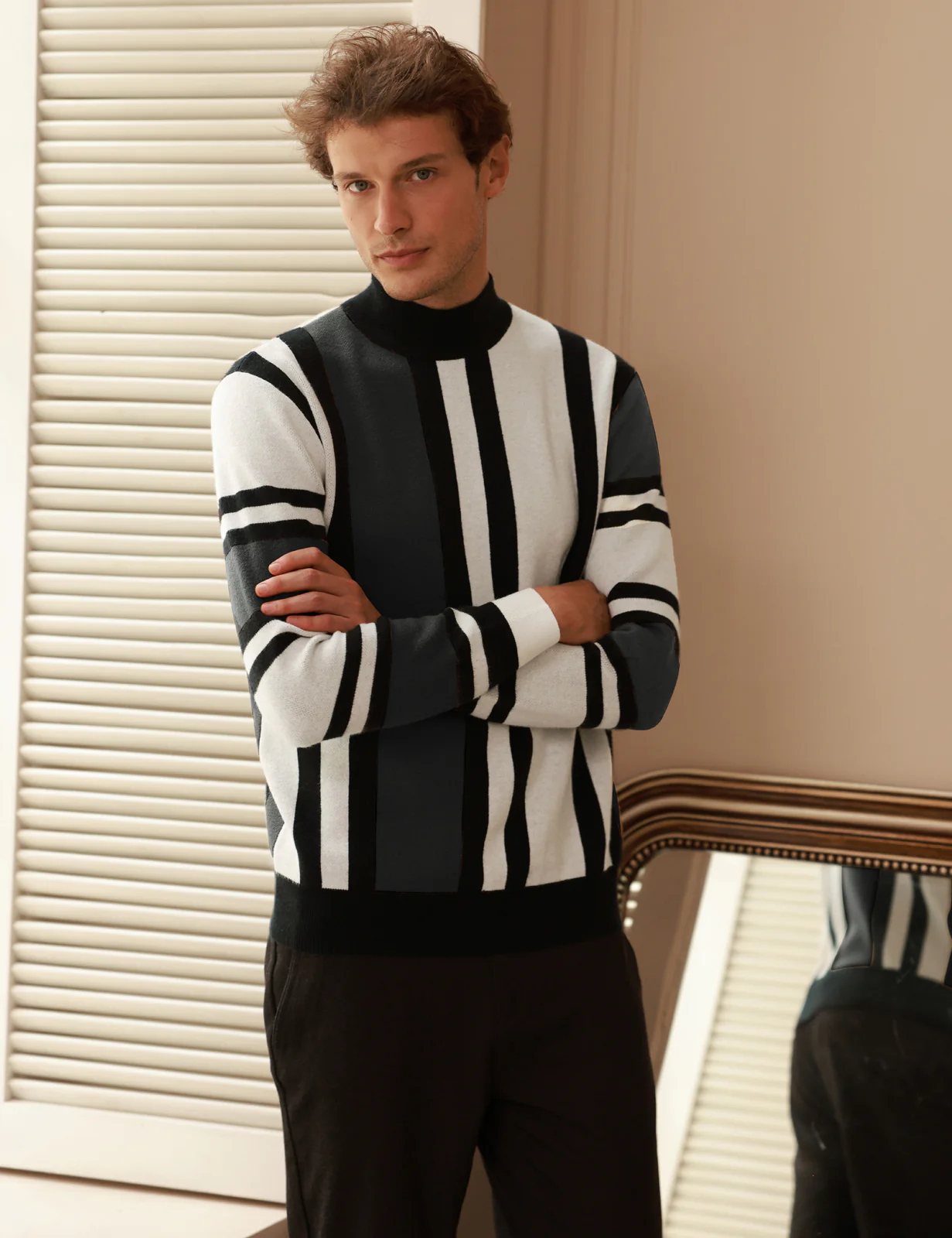 Mens Vintage Stripes Pullover Stand Collar Mockneck Jumper Sweater - Image 26