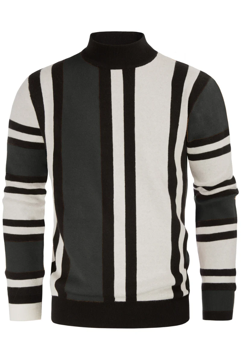 Mens Vintage Stripes Pullover Stand Collar Mockneck Jumper Sweater - Image 27