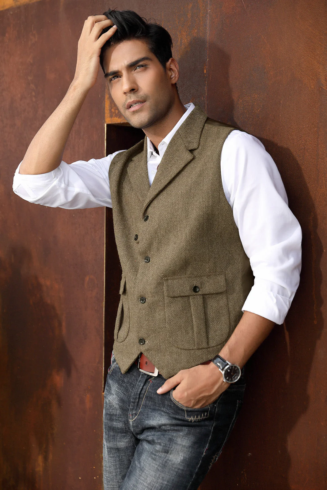Mens Western Herringbone Suit Vest Tweed Wool Blend Slim Fit Casual Waistcoat - Image 13