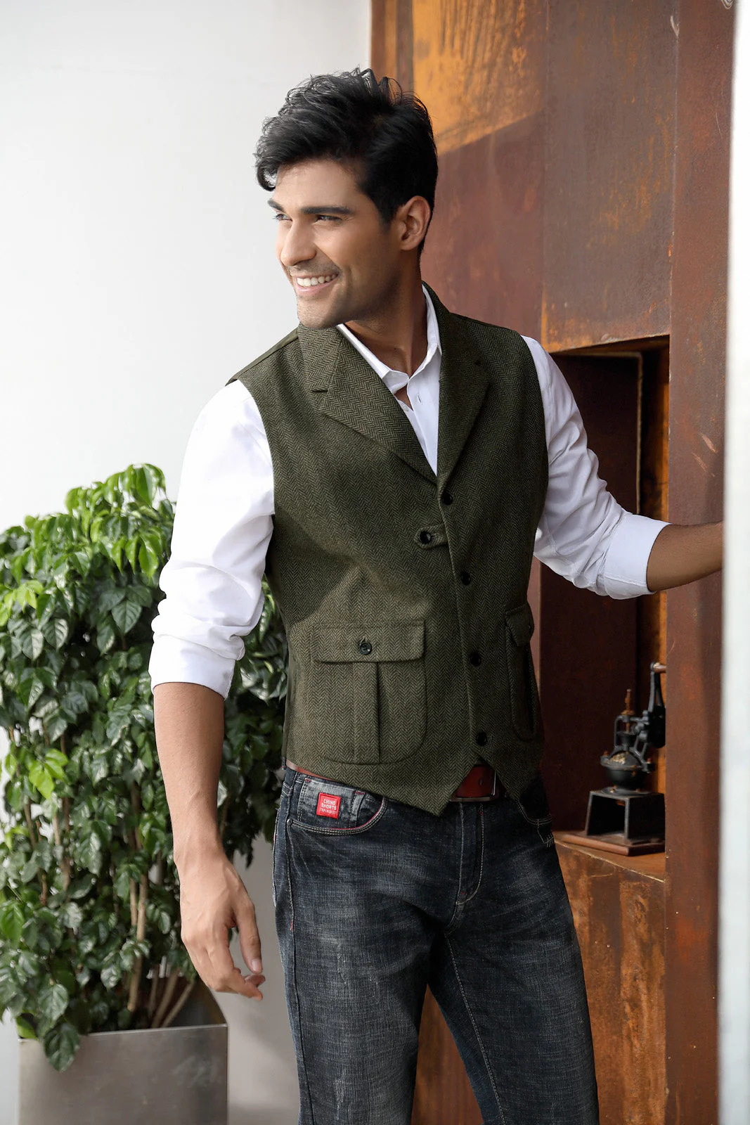 Mens Western Herringbone Suit Vest Tweed Wool Blend Slim Fit Casual Waistcoat - Image 7