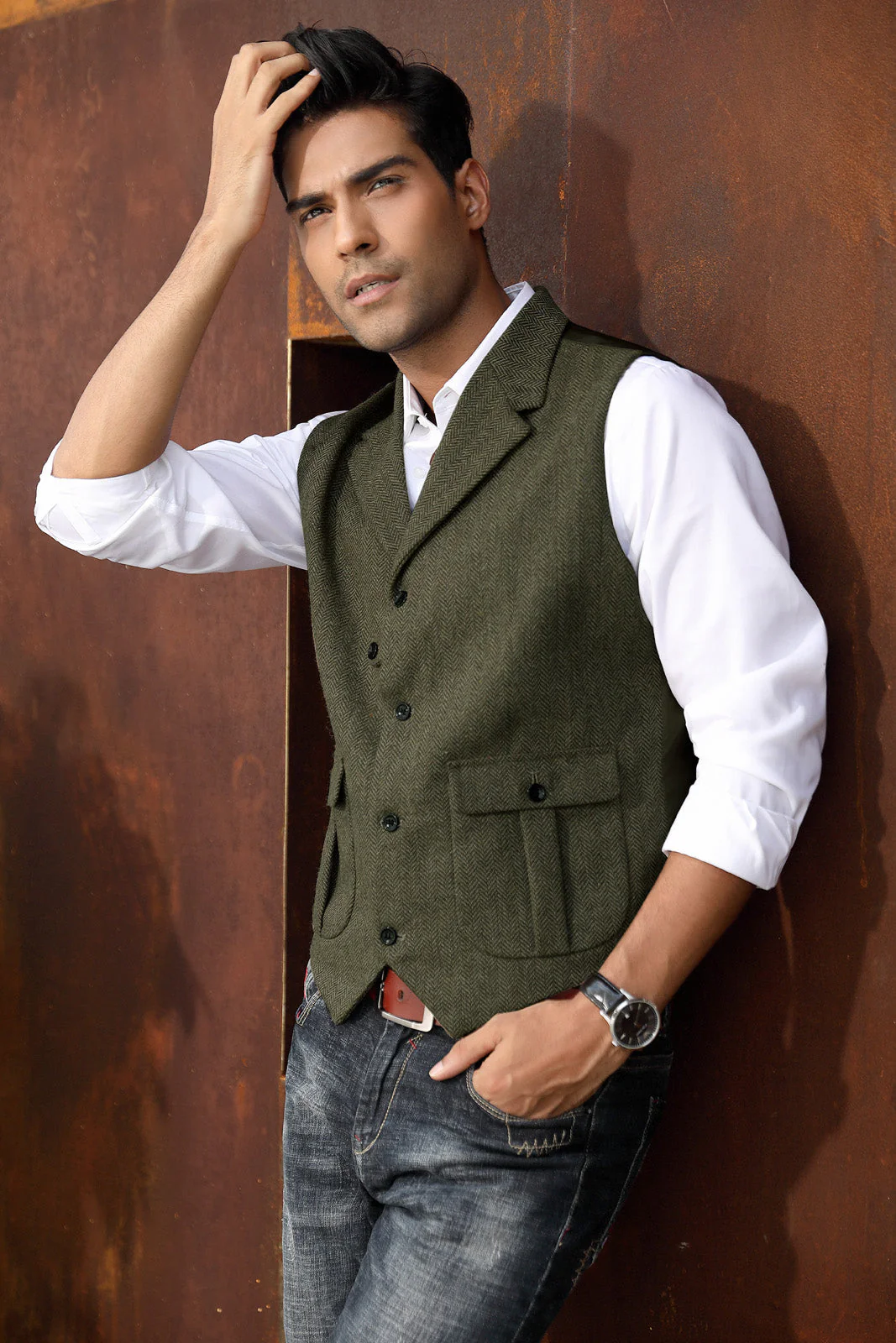 Mens Western Herringbone Suit Vest Tweed Wool Blend Slim Fit Casual Waistcoat - Image 9