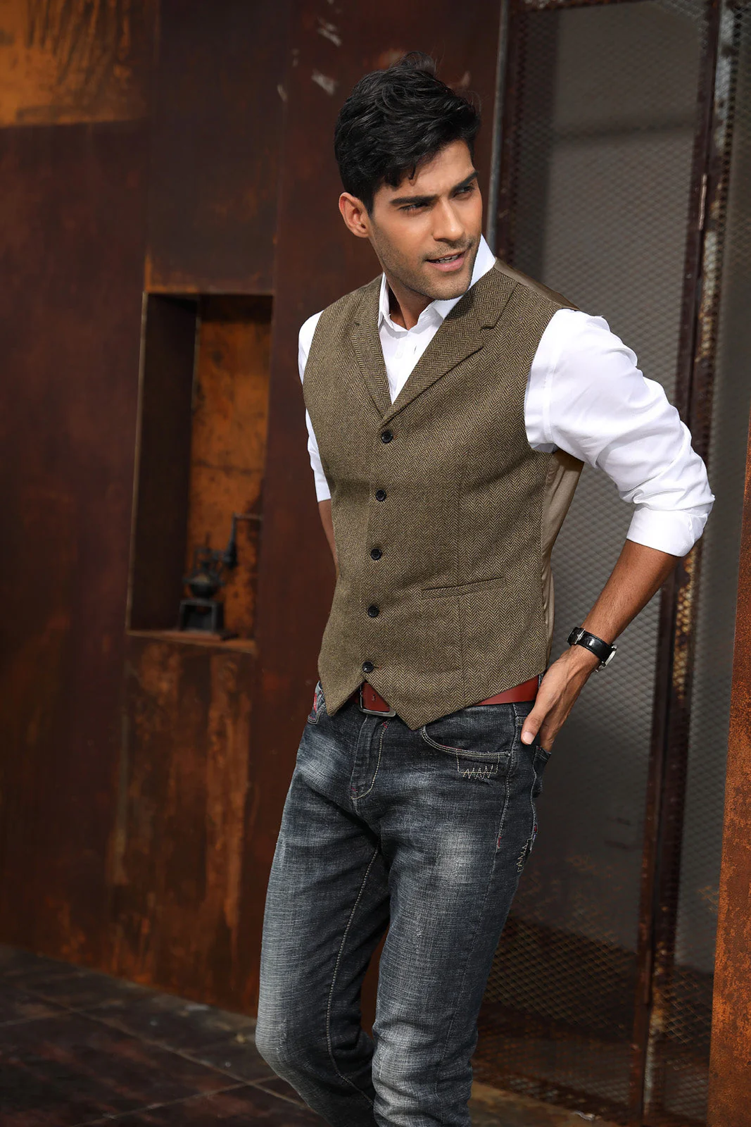 Mens Western Herringbone Suit Vest Tweed Wool Blend Slim Fit Waistcoats - Image 10