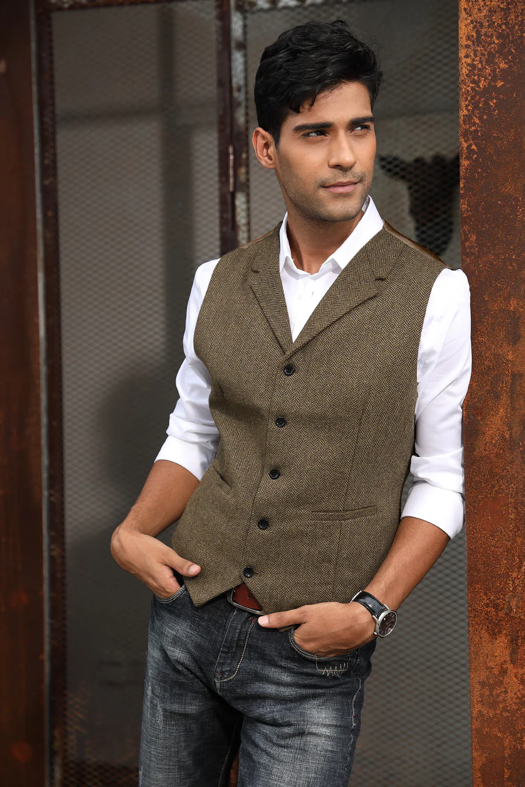 Mens Western Herringbone Suit Vest Tweed Wool Blend Slim Fit Waistcoats - Image 11