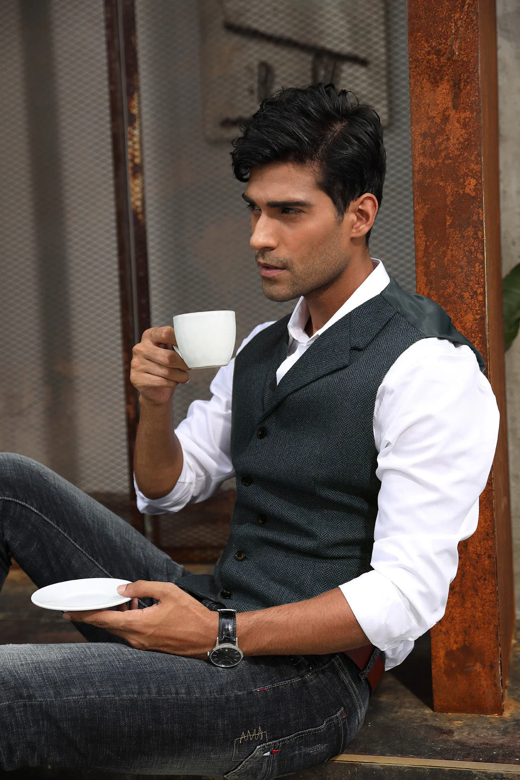 Mens Western Herringbone Suit Vest Tweed Wool Blend Slim Fit Waistcoats - Image 14