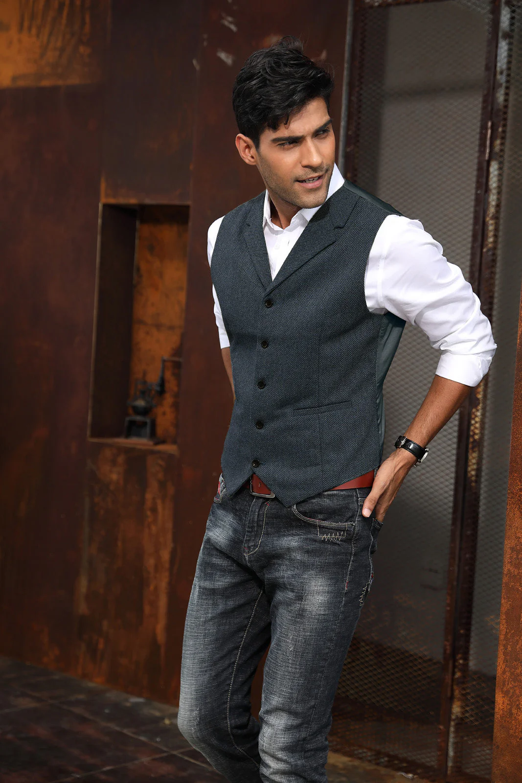 Mens Western Herringbone Suit Vest Tweed Wool Blend Slim Fit Waistcoats - Image 15