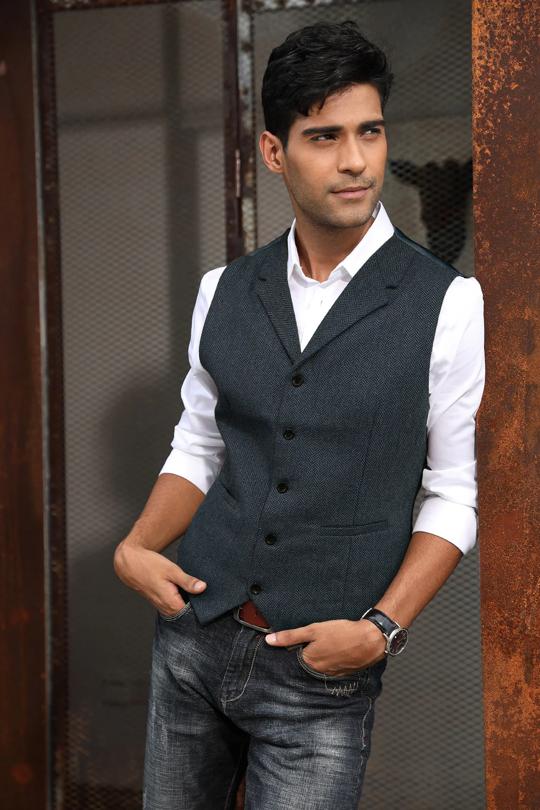 Mens Western Herringbone Suit Vest Tweed Wool Blend Slim Fit Waistcoats - Image 16