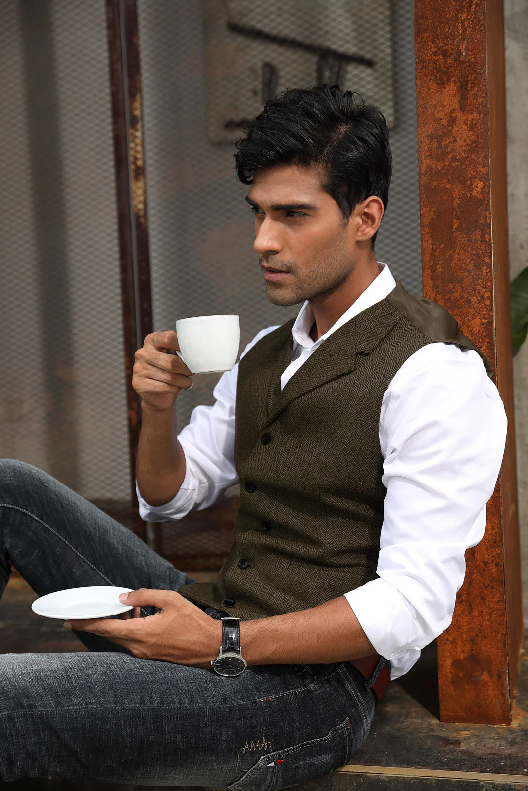 Mens Western Herringbone Suit Vest Tweed Wool Blend Slim Fit Waistcoats - Image 19