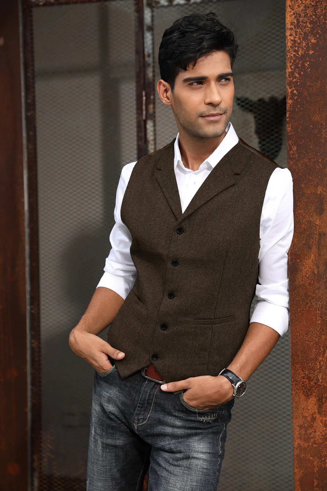 Mens Western Herringbone Suit Vest Tweed Wool Blend Slim Fit Waistcoats - Image 20