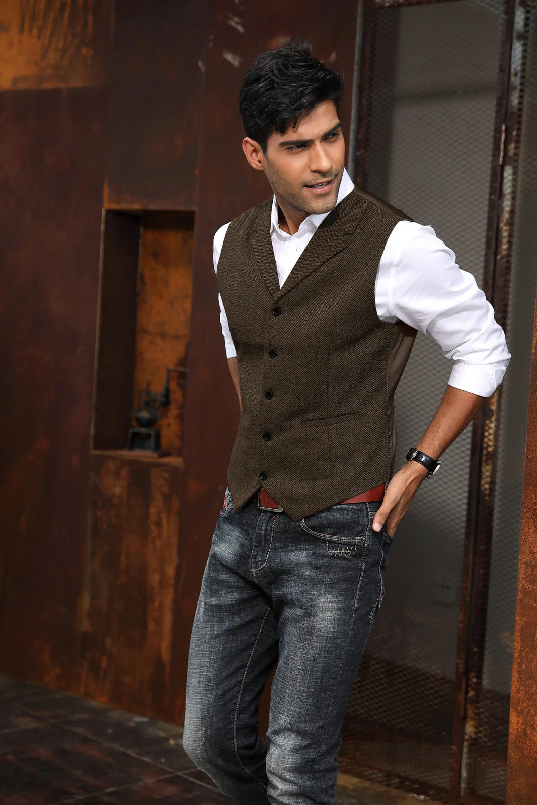 Mens Western Herringbone Suit Vest Tweed Wool Blend Slim Fit Waistcoats - Image 21