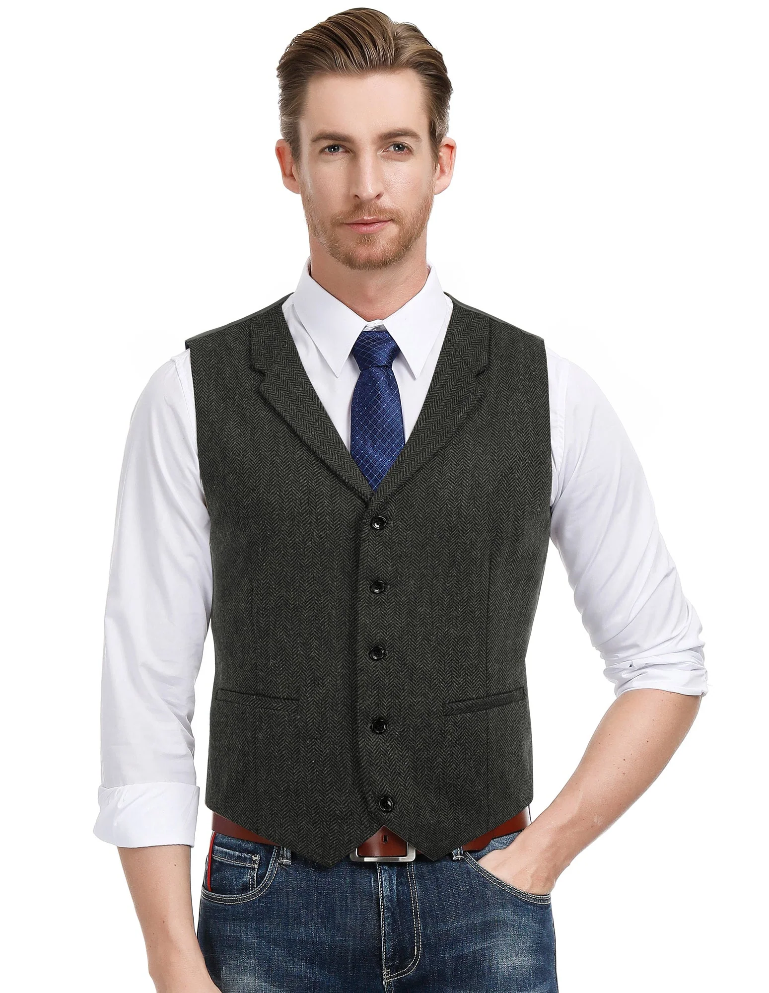 Mens Western Herringbone Suit Vest Tweed Wool Blend Slim Fit Waistcoats - Image 26
