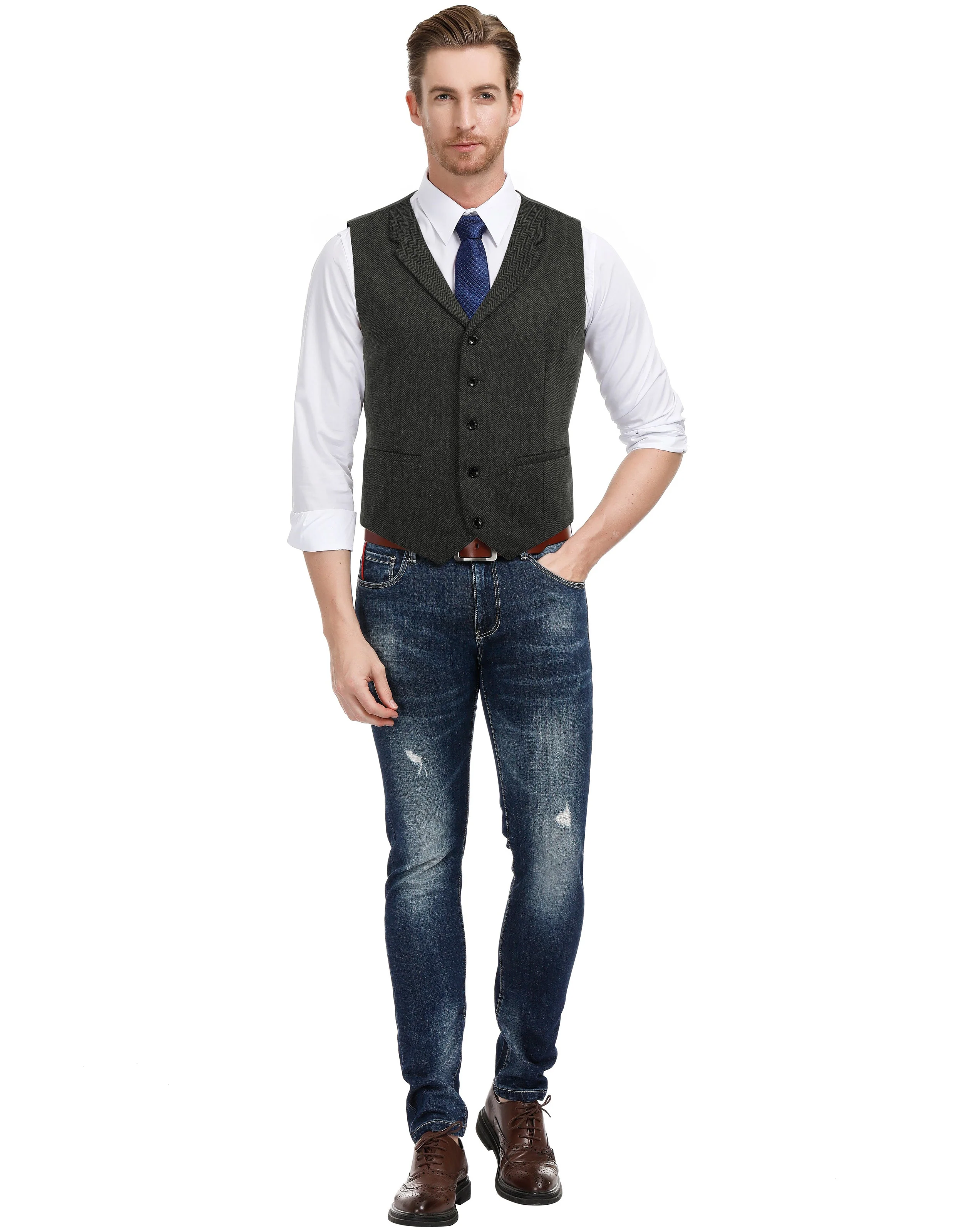 Mens Western Herringbone Suit Vest Tweed Wool Blend Slim Fit Waistcoats - Image 27