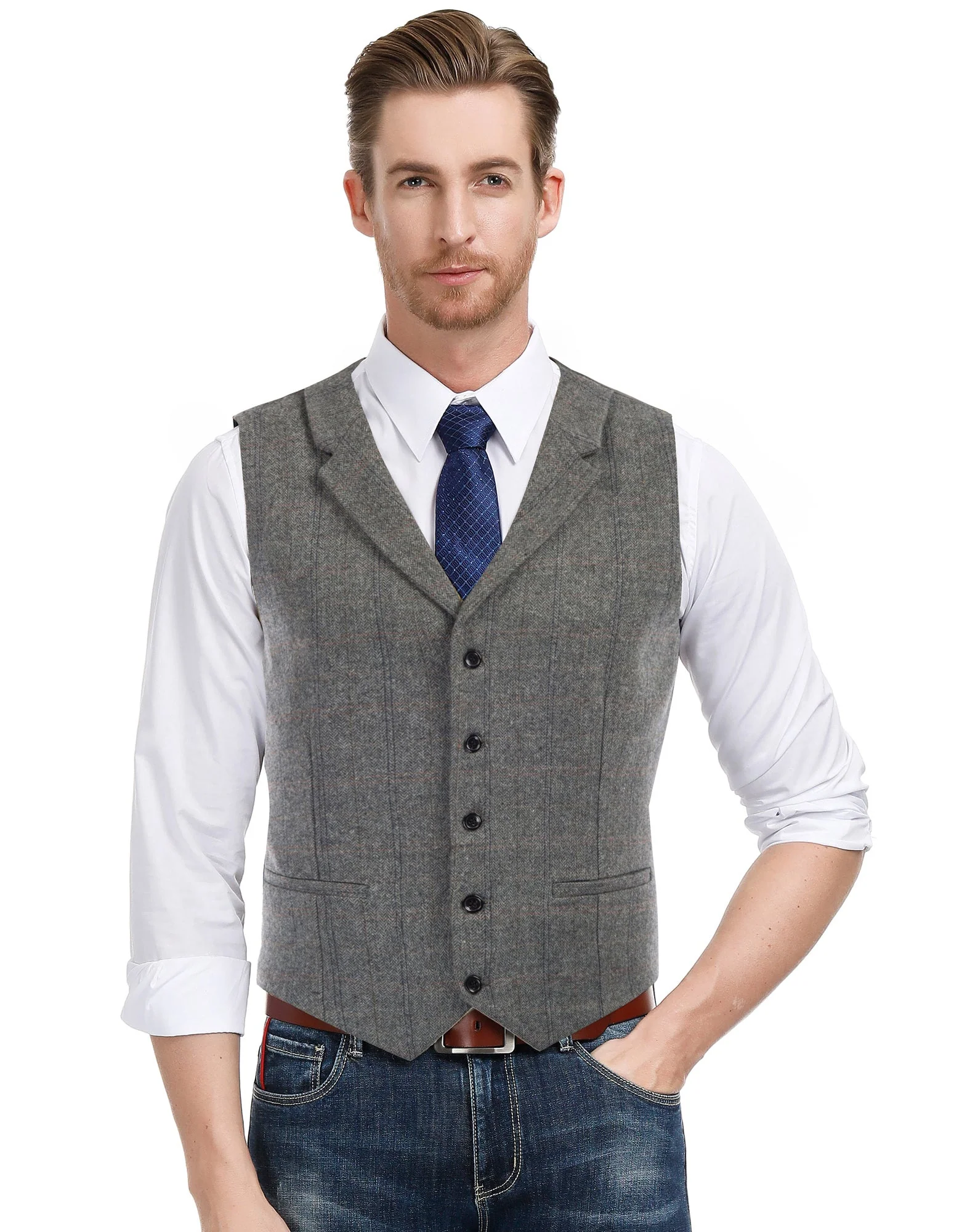 Mens Western Herringbone Suit Vest Tweed Wool Blend Slim Fit Waistcoats - Image 29
