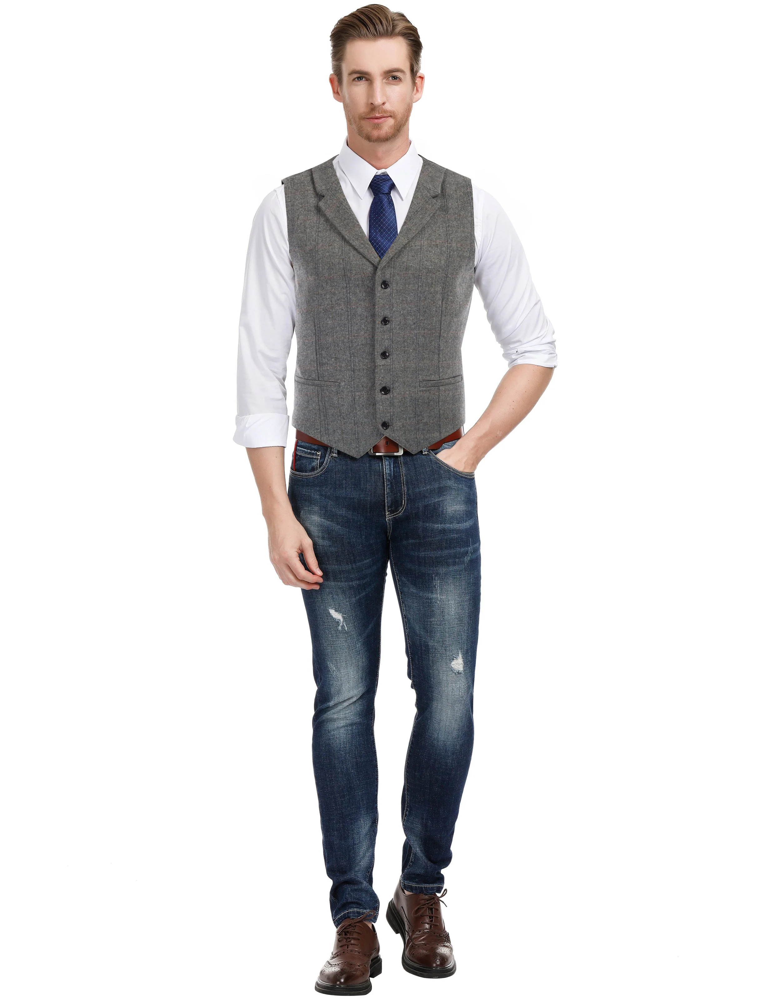 Mens Western Herringbone Suit Vest Tweed Wool Blend Slim Fit Waistcoats - Image 30