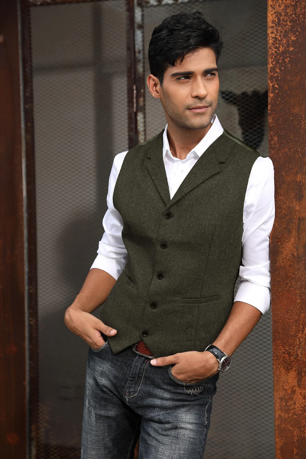 Mens Western Herringbone Suit Vest Tweed Wool Blend Slim Fit Waistcoats - Image 5