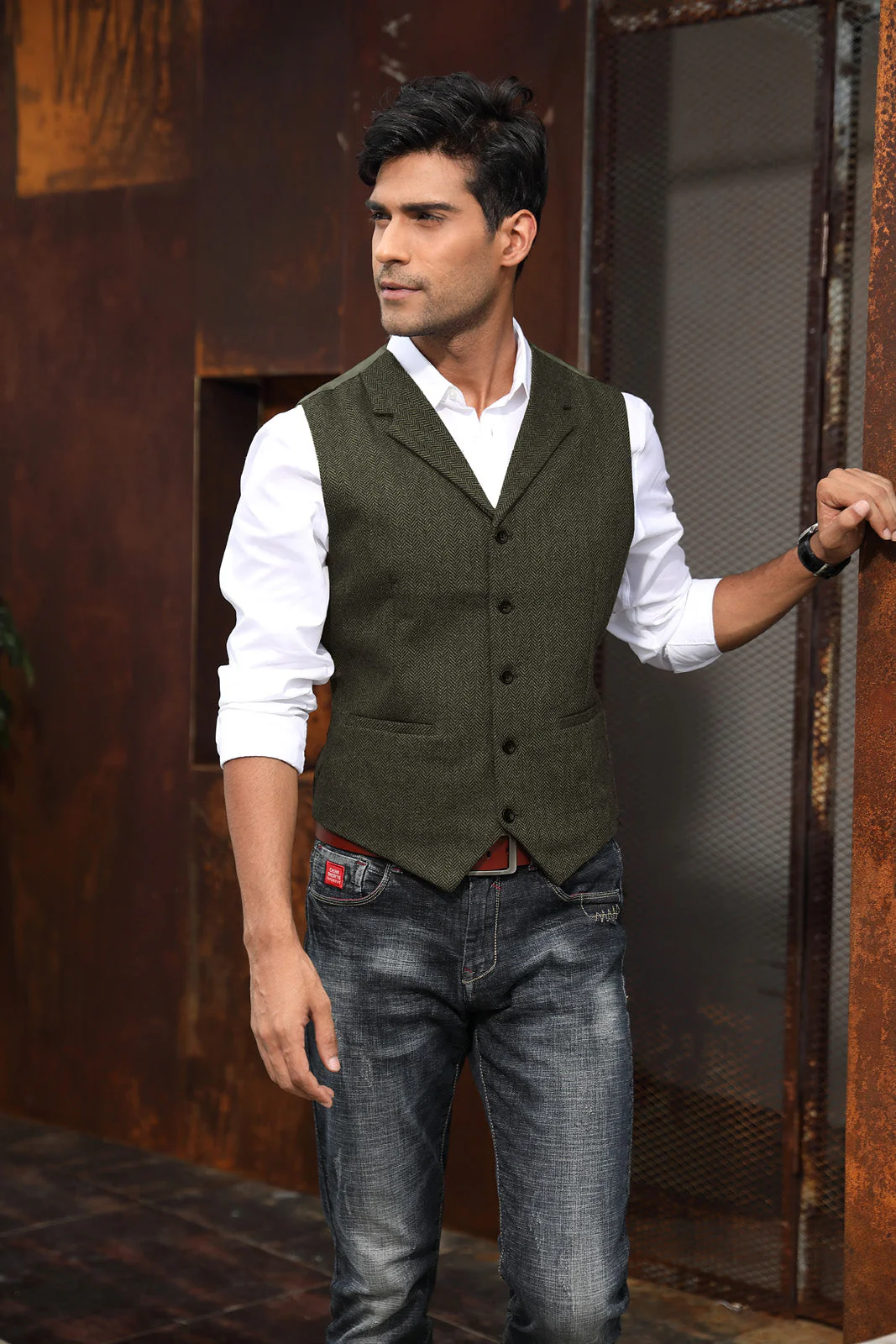 Mens Western Herringbone Suit Vest Tweed Wool Blend Slim Fit Waistcoats - Image 6