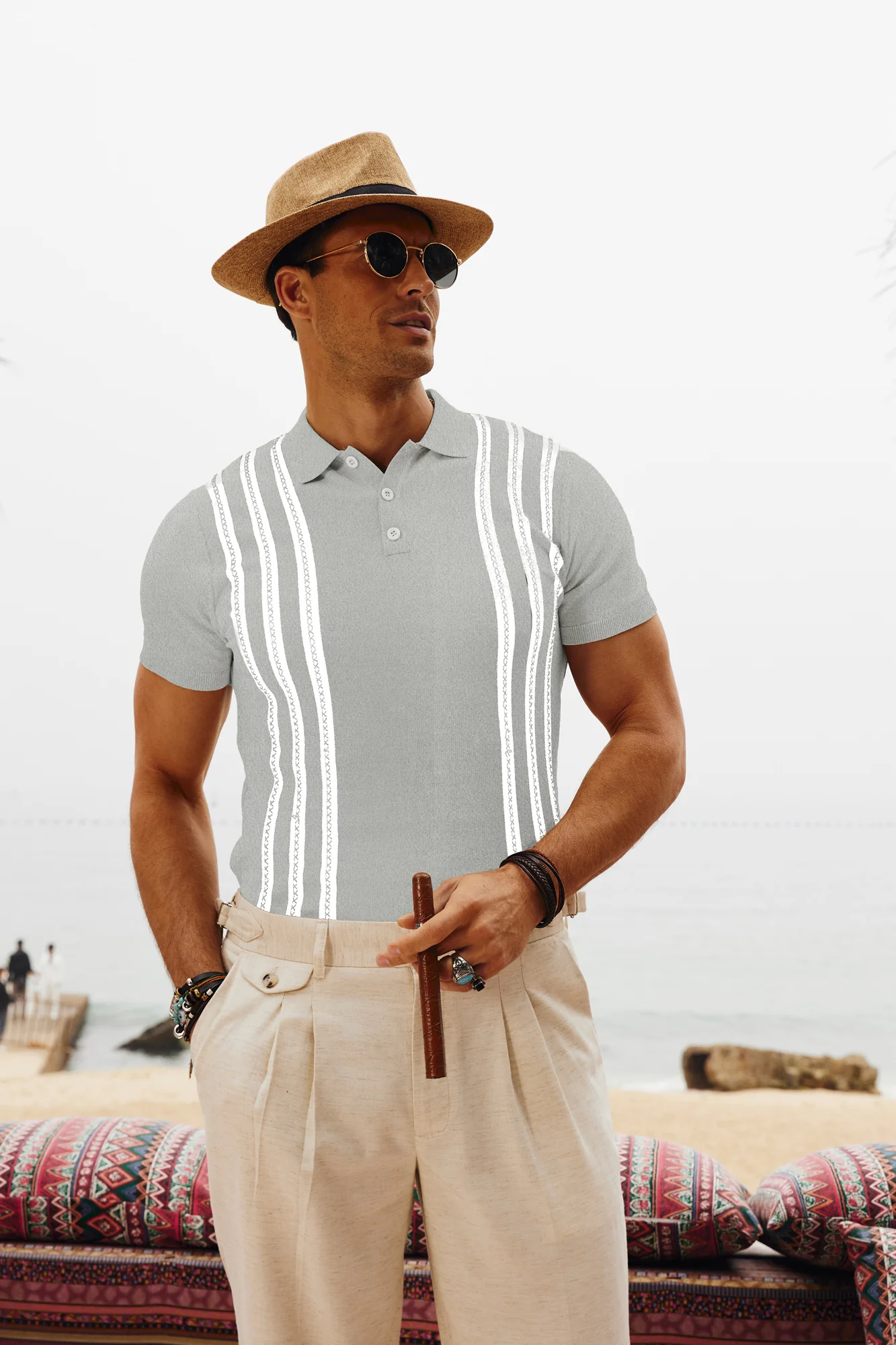 PJ Paul Jones Men's Vintage Stripe Knitted Polo Pullover Shirts Short Sleeve Golf Knit Mens Polo Shirt - Image 5
