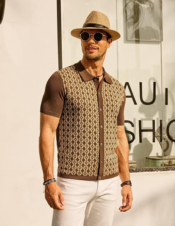 PAUL JONES Men's Contrast 70s Vintage Polo Knit Shirts Short Sleeve Cardigan Knitwear - Image 11