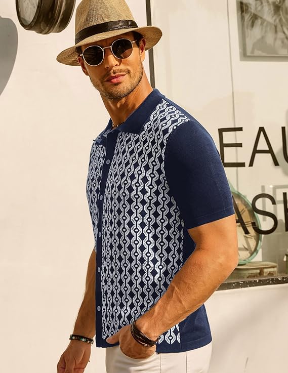 PAUL JONES Men's Contrast 70s Vintage Polo Knit Shirts Short Sleeve Cardigan Knitwear - Image 17
