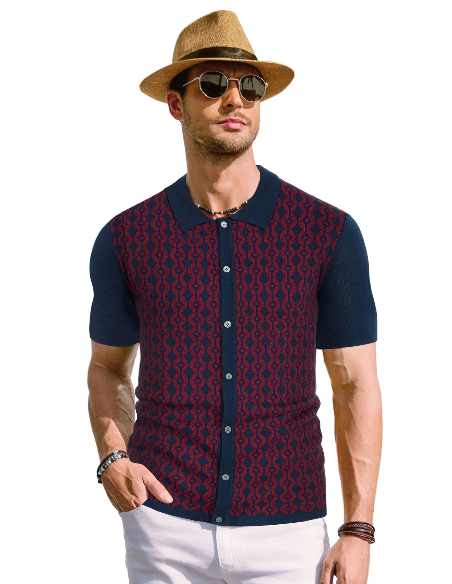 PAUL JONES Men's Contrast 70s Vintage Polo Knit Shirts Short Sleeve Cardigan Knitwear - Image 25