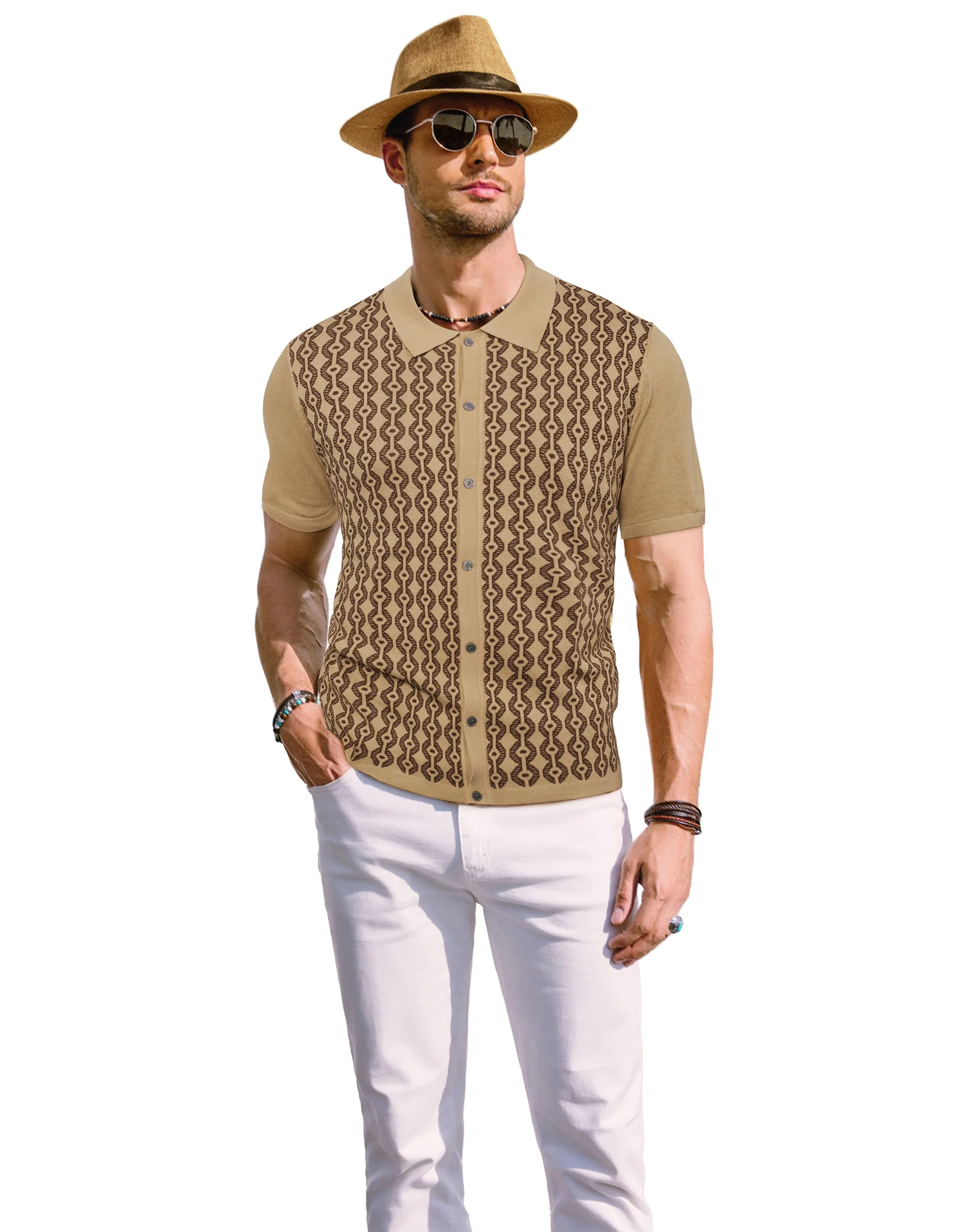 PAUL JONES Men's Contrast 70s Vintage Polo Knit Shirts Short Sleeve Cardigan Knitwear - Image 52