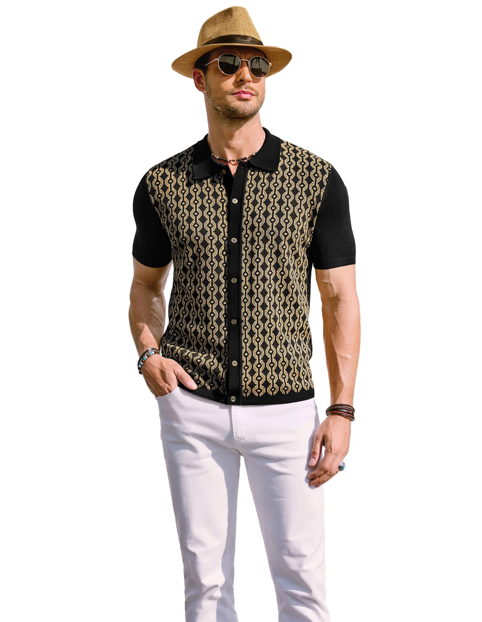 PAUL JONES Men's Contrast 70s Vintage Polo Knit Shirts Short Sleeve Cardigan Knitwear - Image 56