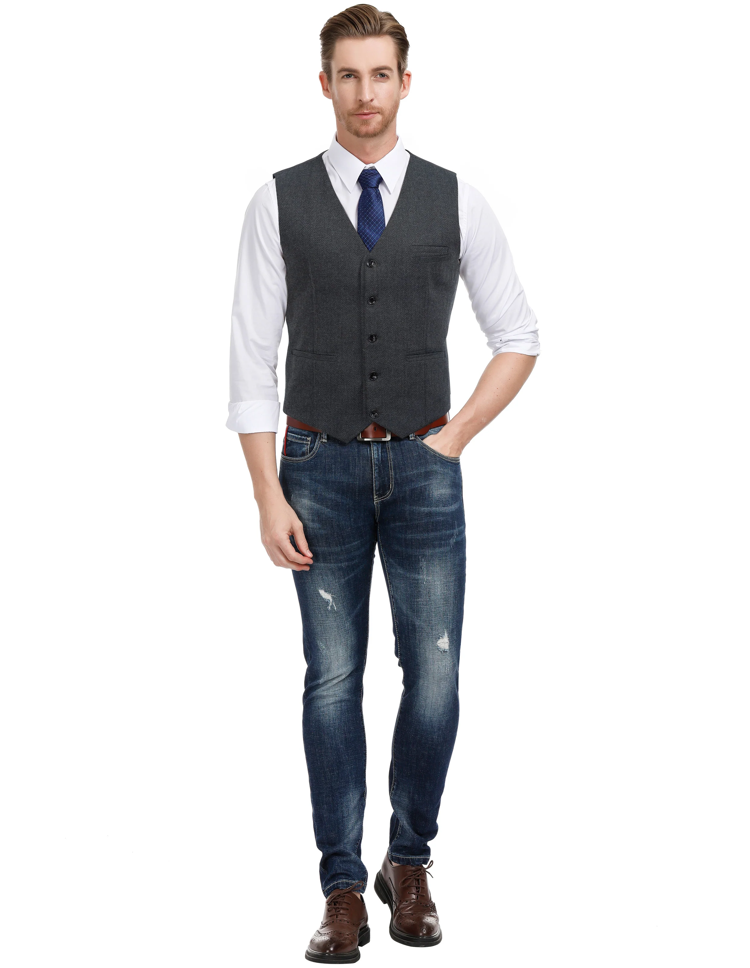 Men's Western Herringbone Tweed Suit Vest Wool Blend V Neck Slim Fit Waistcoat - Image 49