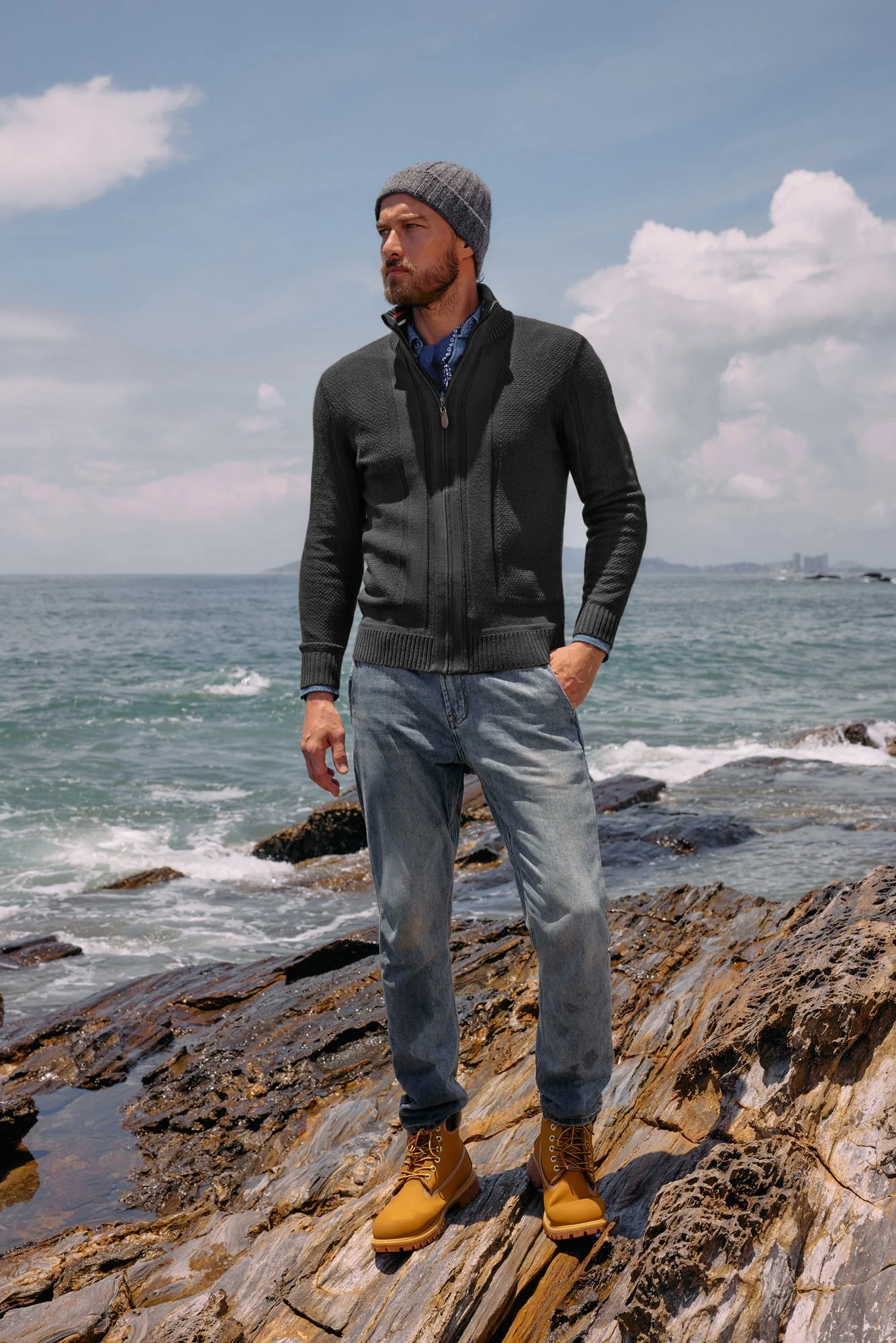 Paul Jones Mens Stand Collar Full Zip Cardigan Sweater Vintage Geometric Sweaters - Image 8