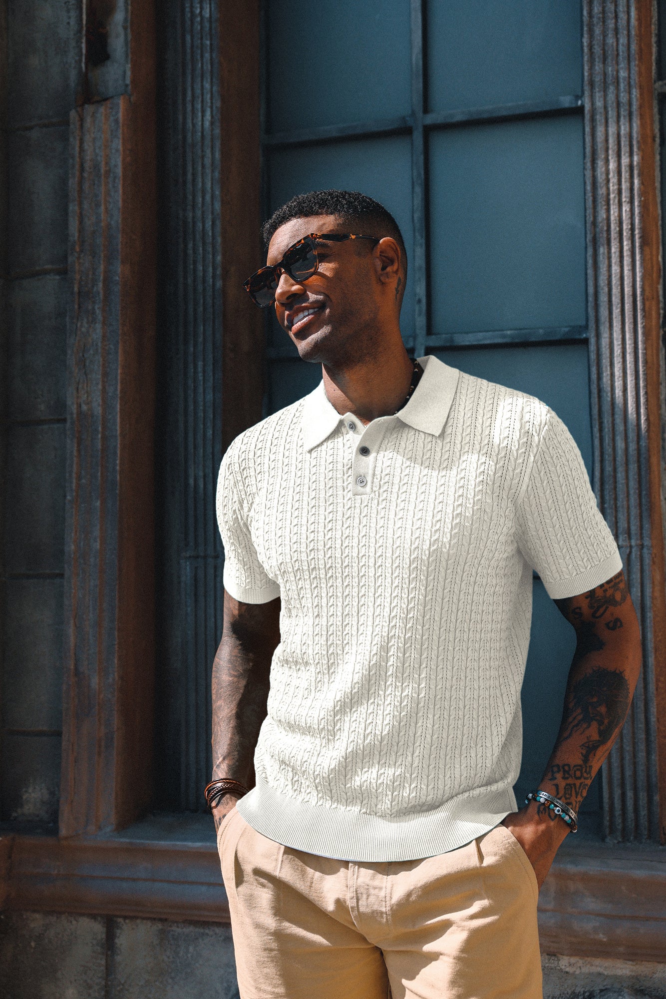 Mens Knit Polo Shirt Short Sleeve Hollow Out Knit Shirt Texture Knitted Polo - Image 50