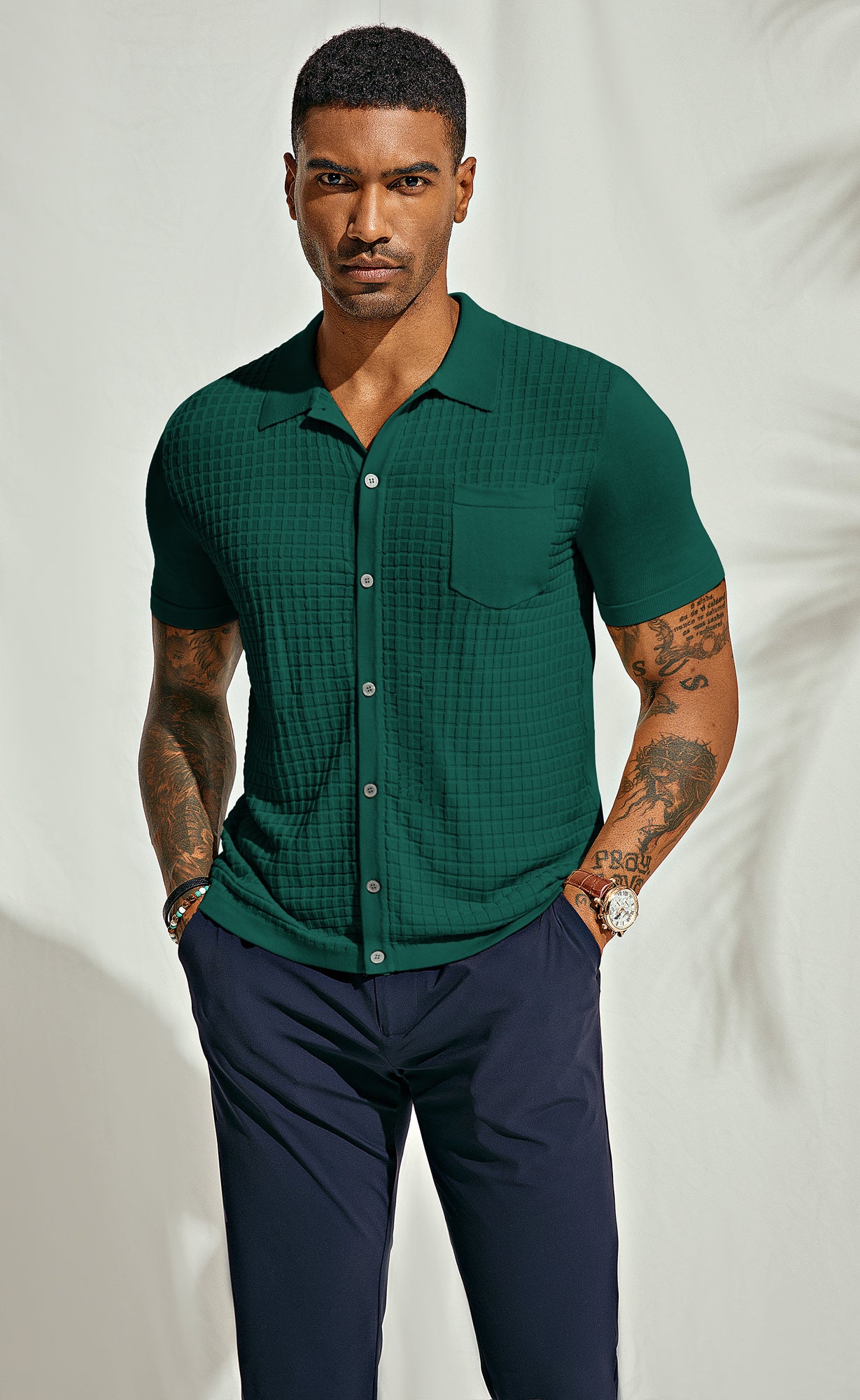 PJ Men Textured Cardigan Short Sleeve Lapel Collar Button-up Sweater Knitwear - Image 20
