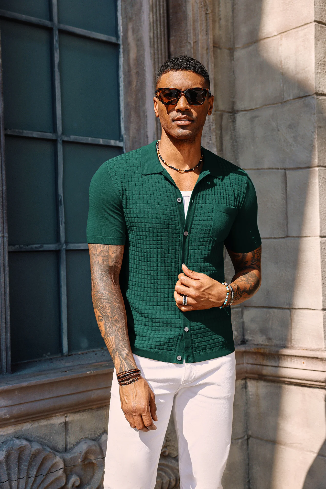 PJ Men Textured Cardigan Short Sleeve Lapel Collar Button-up Sweater Knitwear - Image 21